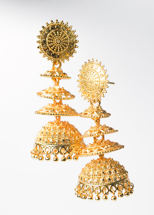 Usha Tiered Gold Jhumka Earrings